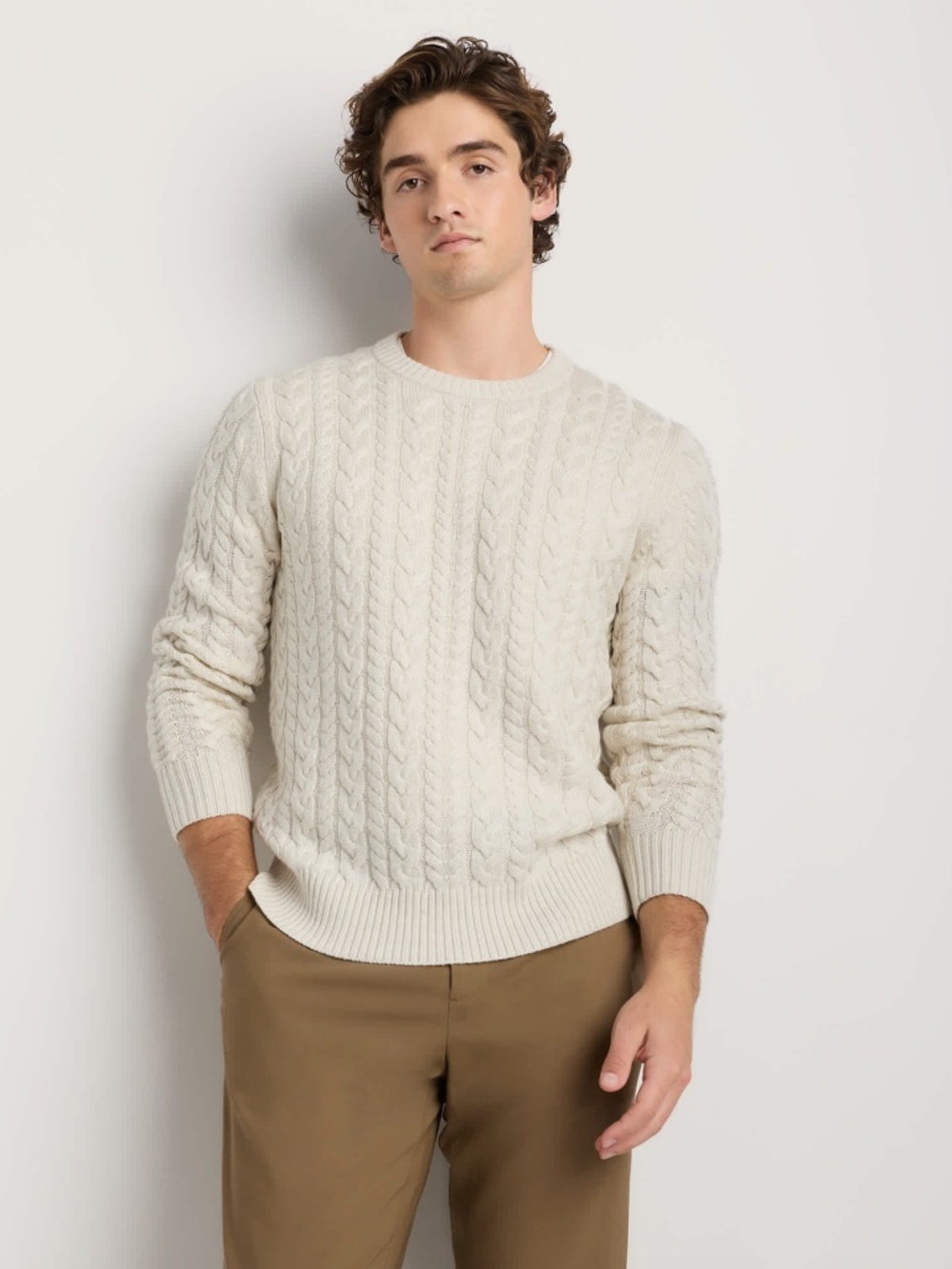 Quince Australian Merino Wool Cable Crewneck Sweater in Heather Bone